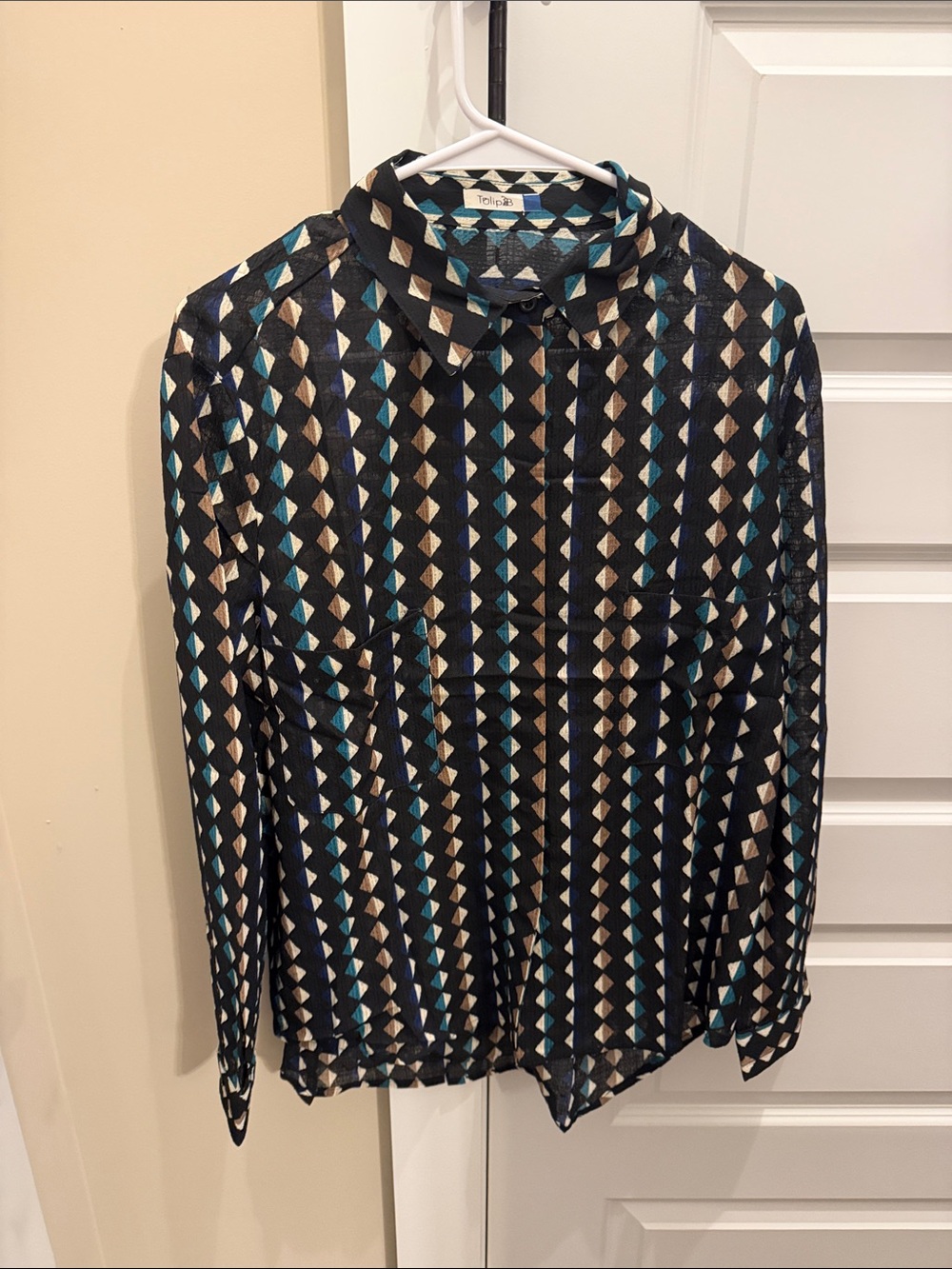 Tulip B Geometric Print Button-Down Shirt with Blue and Cream Diamonds